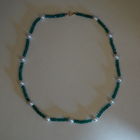 18.5" Genuine Akoya Pearl & Emerald Bead Necklace - Picture 1 of 7